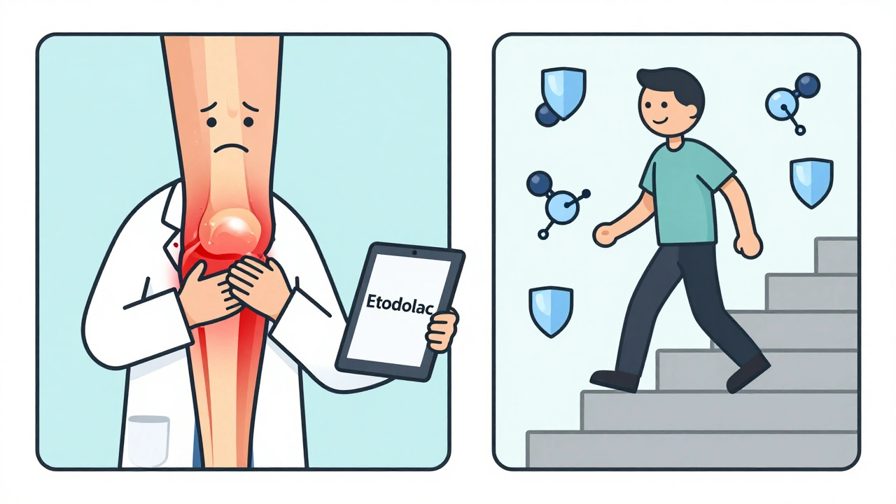 Doctor shows etodolac tablet beside comparison of painful vs healthy joints
