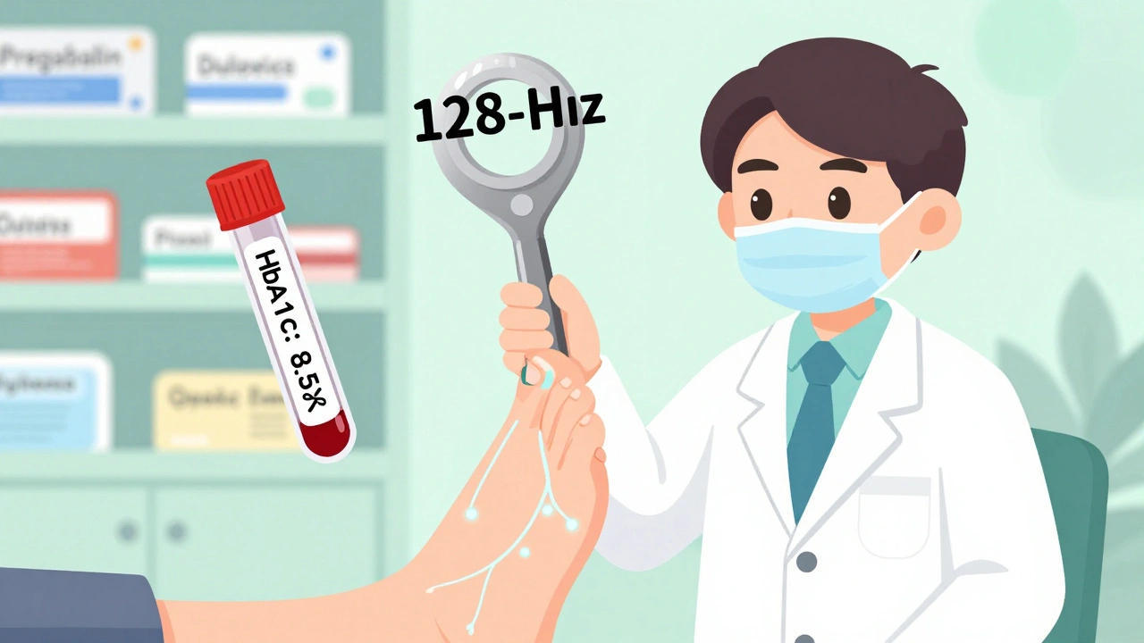 Doctor testing foot sensation with a tuning fork while blood test results float nearby.