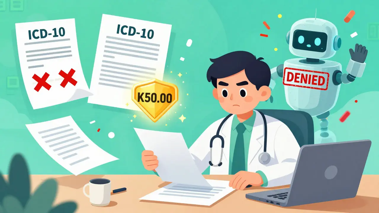 Doctor writing a detailed appeal letter surrounded by medical evidence and a crumbling insurance robot.