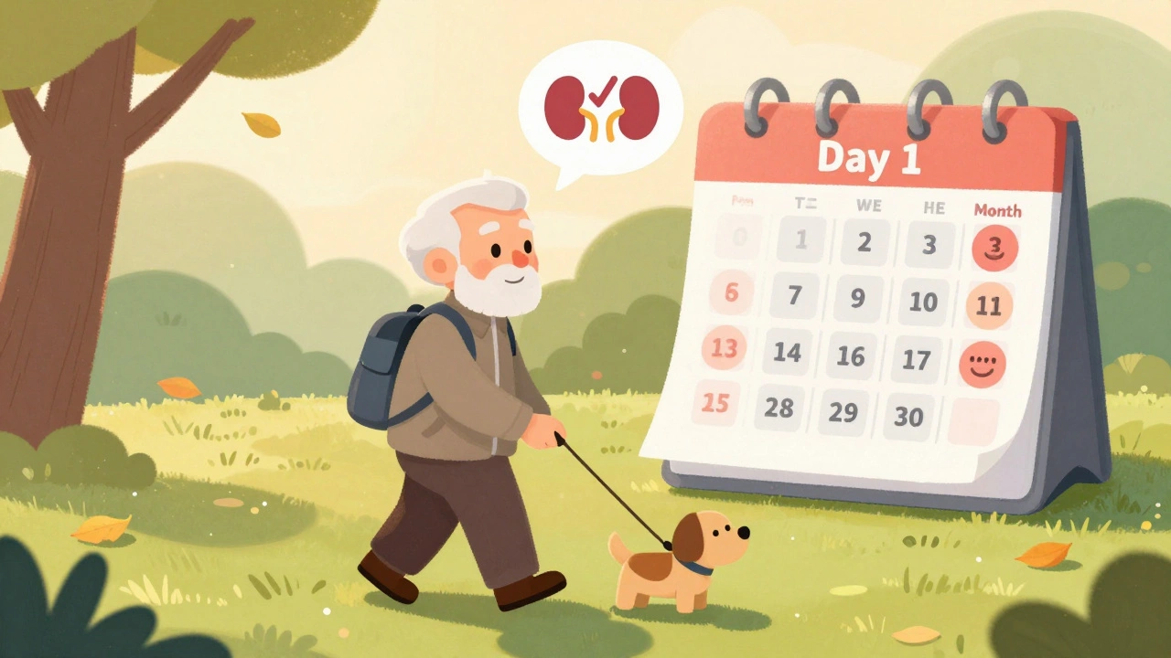 Elderly man walks his dog, health metrics showing improvement over time