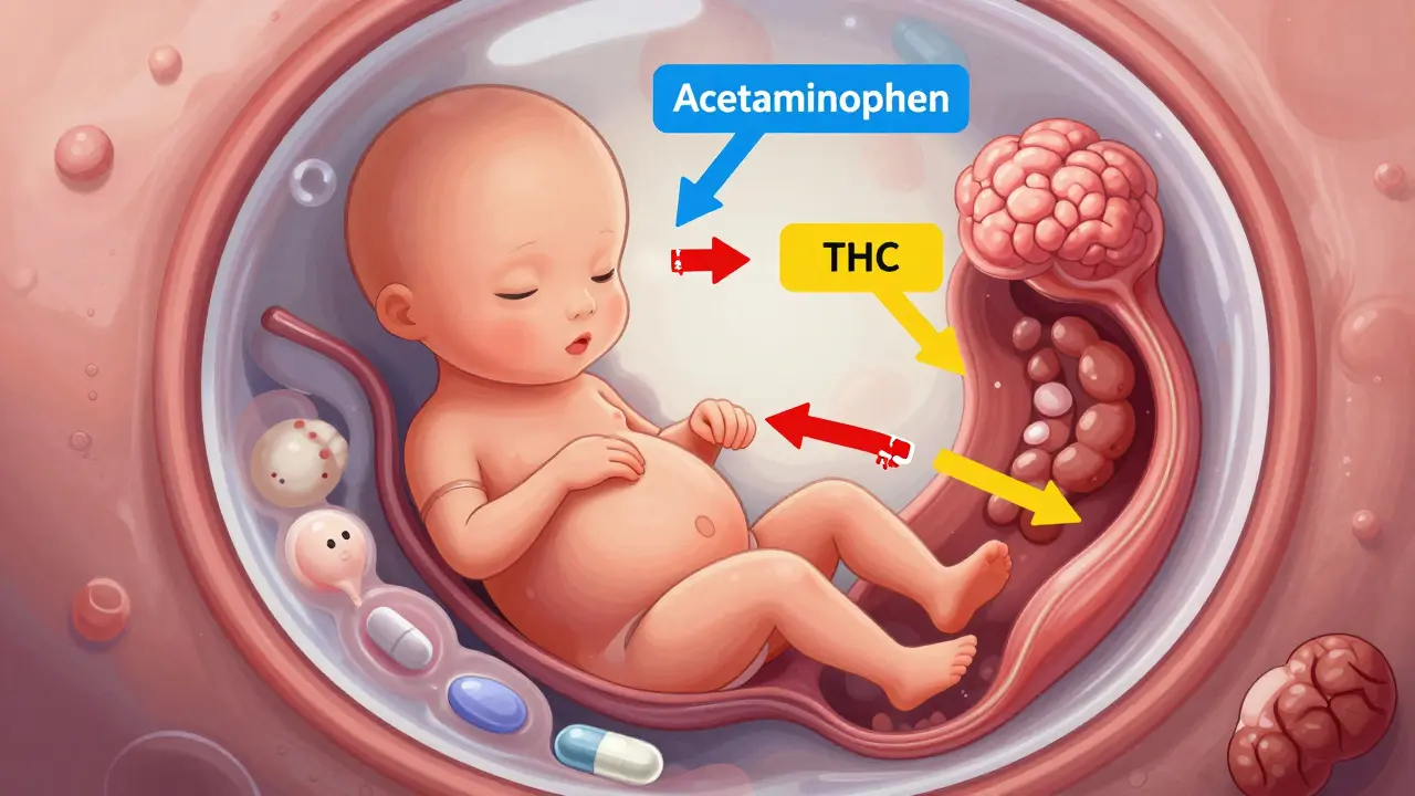Embryo in uterus with colorful arrows showing how different drugs affect fetal development during early pregnancy.