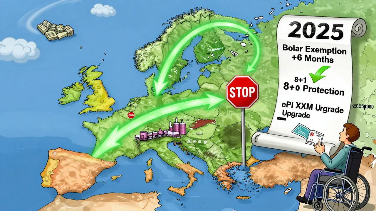 European map showing generic drug flow from India blocked by red stop signs, with a small company facing high compliance costs.