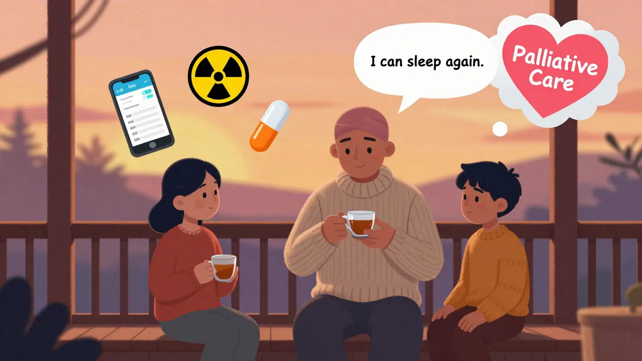 Family on a sunset porch with pain management icons and a calm patient enjoying tea.