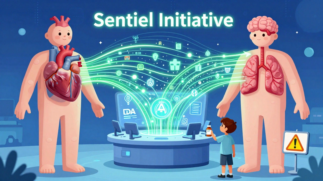 Human body connected to data streams showing FDA&#039;s Sentinel monitoring system