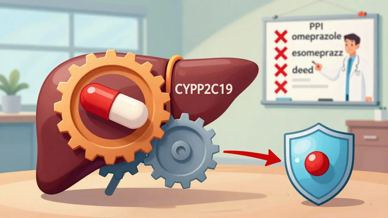Liver with gears showing omeprazole jamming clopidogrel activation, pantoprazole working smoothly.
