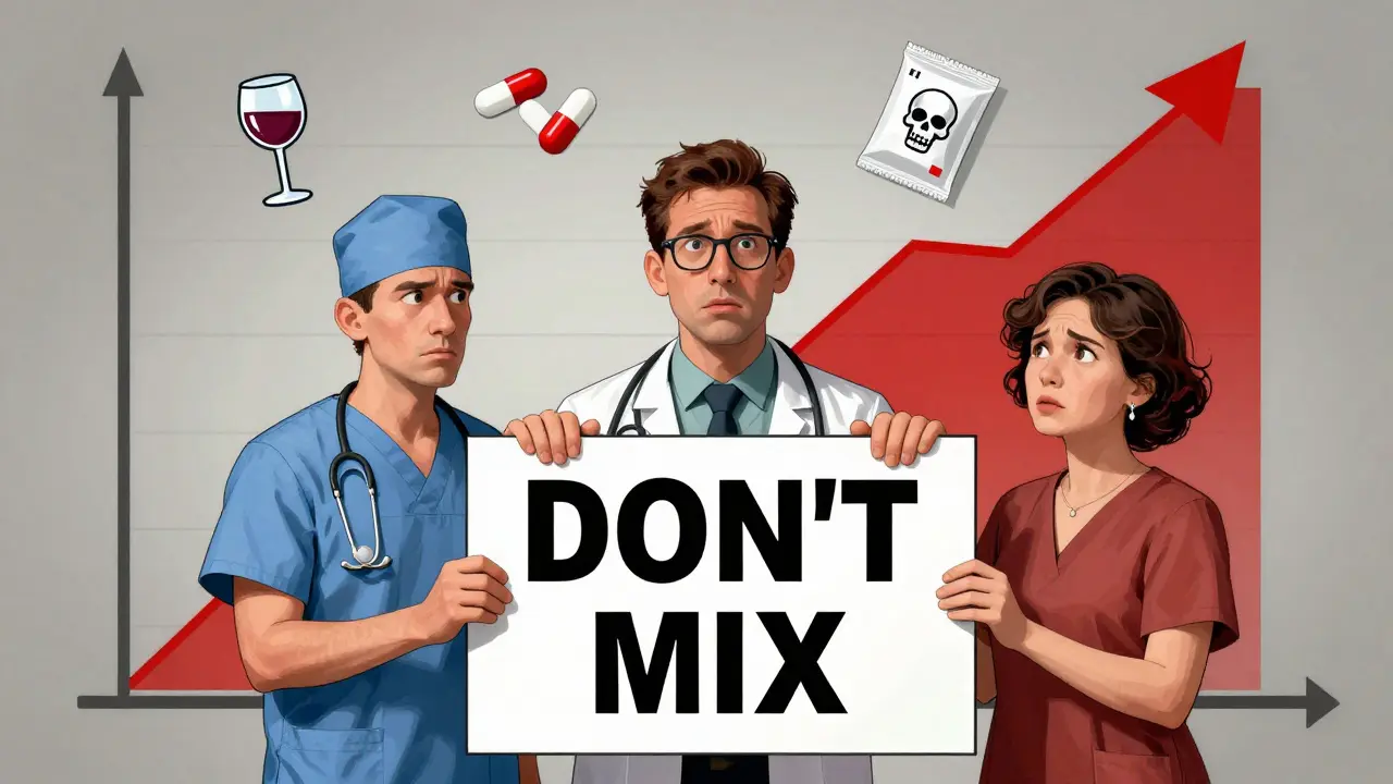 Medical professionals holding a 'DON'T MIX' warning sign with rising death graph.