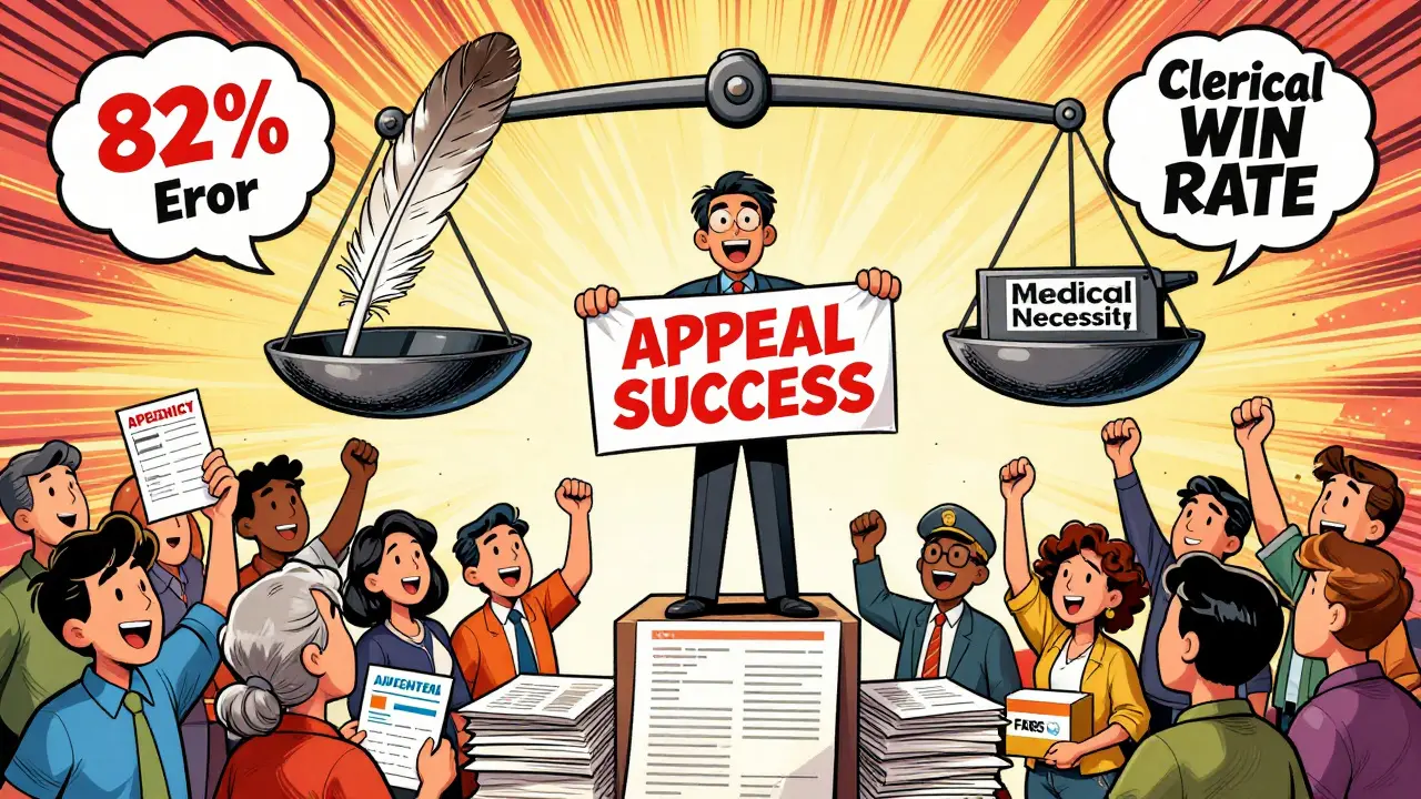 Patient celebrating appeal success on a podium of letters, with others holding emergency prescriptions.