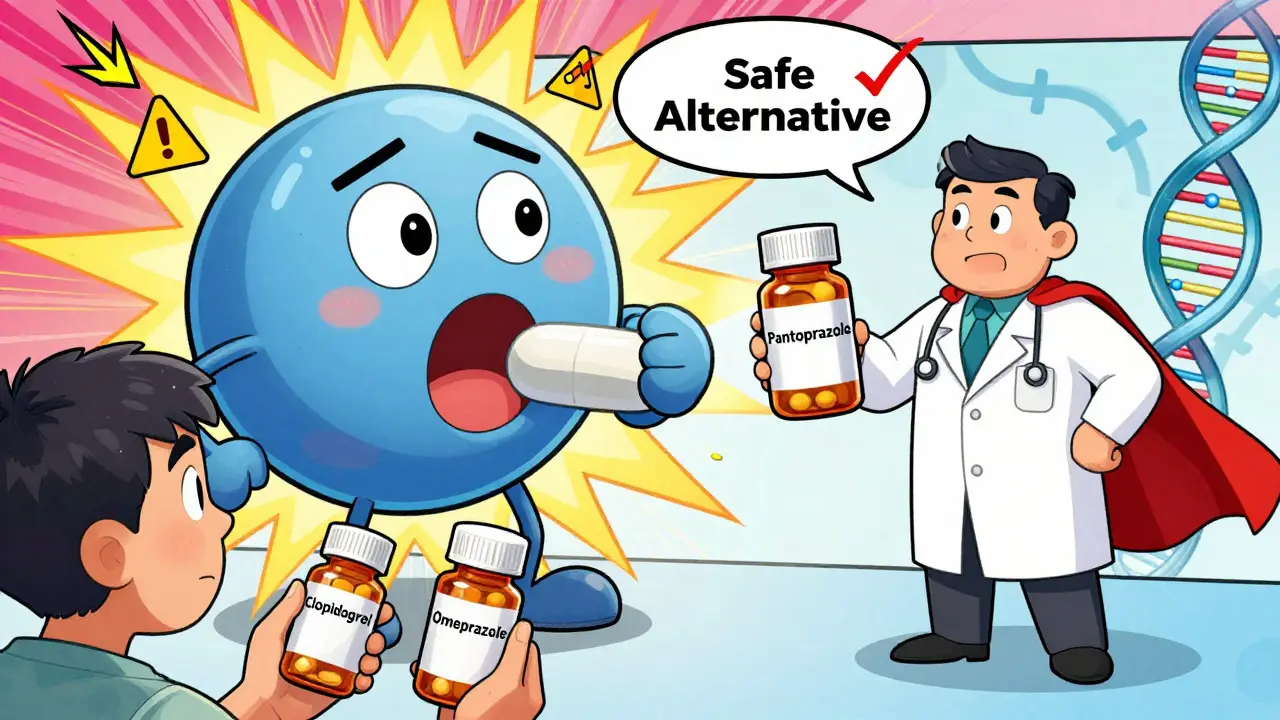 Patient confused by pill interaction, doctor offers safer pantoprazole alternative with DNA variant visible.