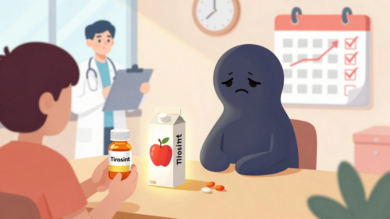 Patient holding special thyroid medication next to apple juice as doctor smiles.