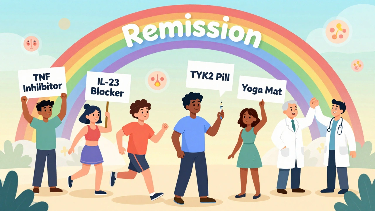 Patients holding treatment signs under a remission rainbow, cartoon style