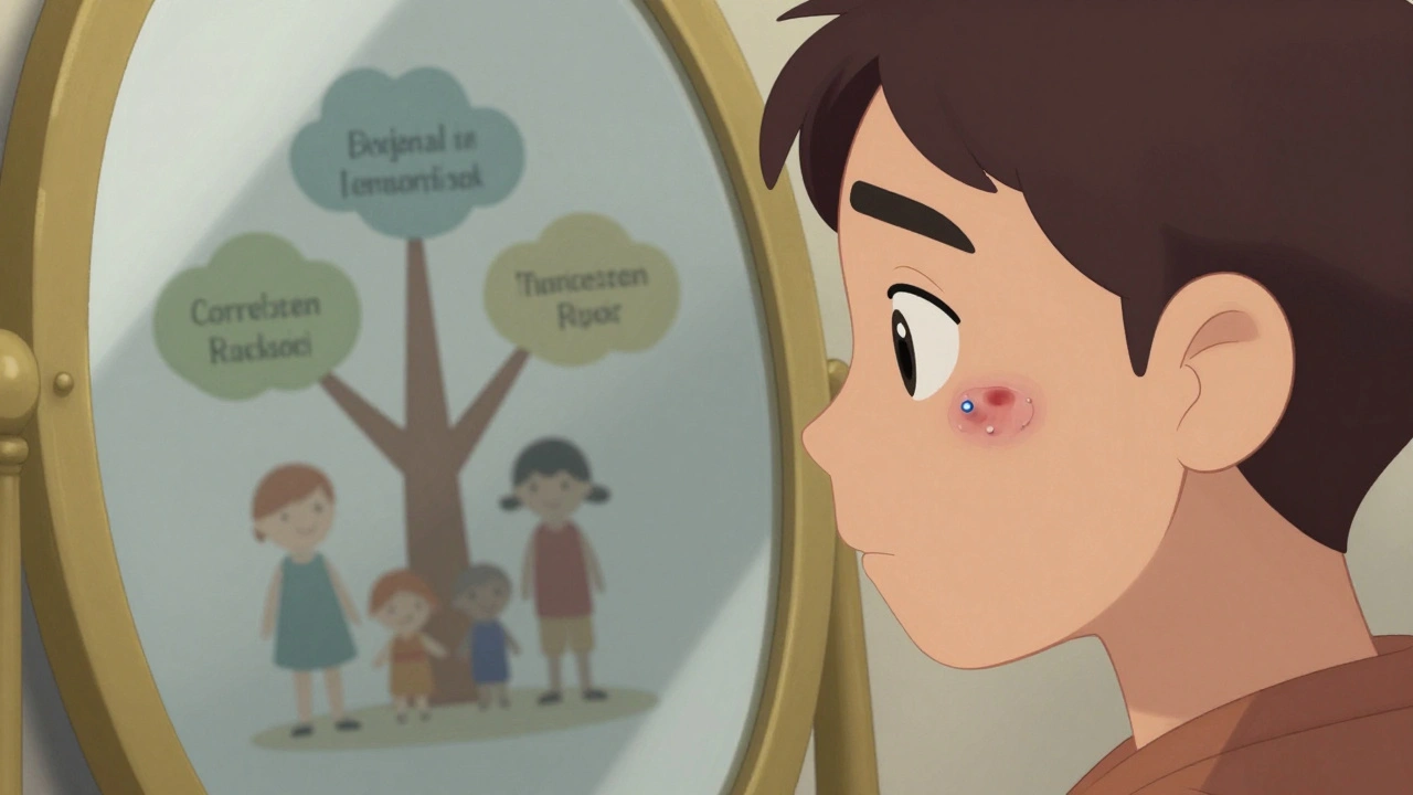 Person comparing keloid scar healing with medical therapy in front of a mirror, family history in background.