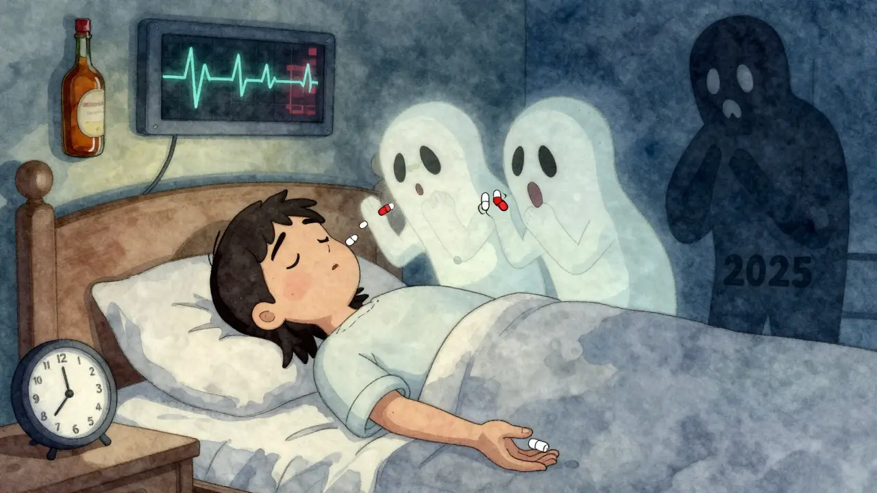 Person on bed surrounded by ghostly alcohol and opioid bottles as heart monitor flatlines.