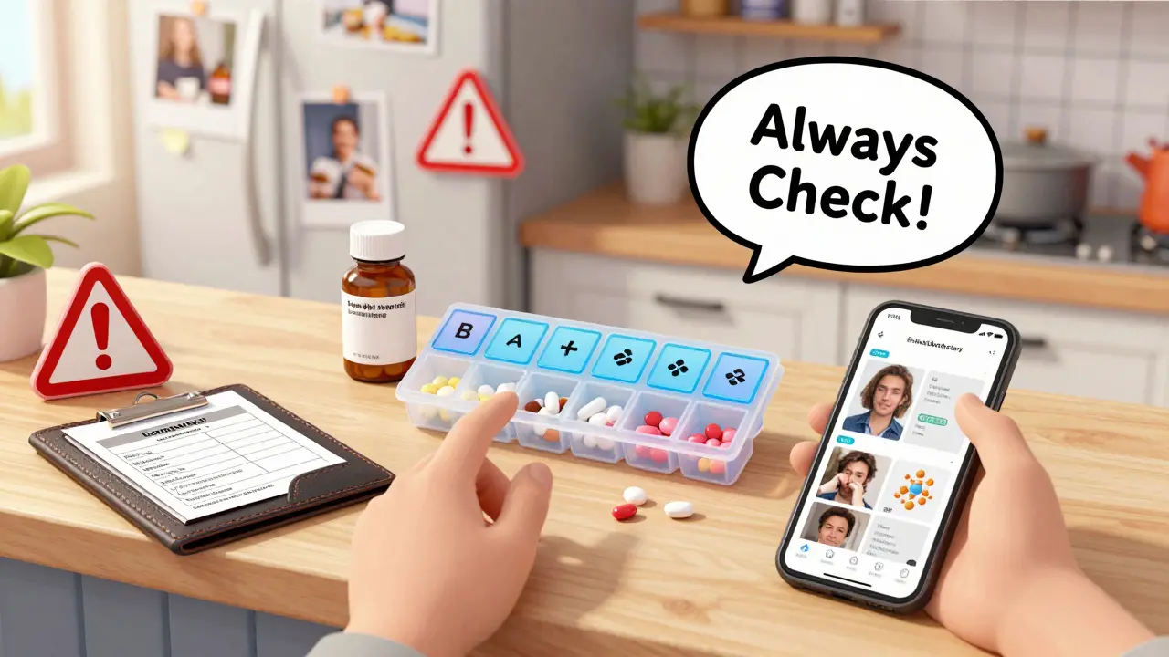 Person organizing pills in labeled compartment box with photos and medication list on fridge.