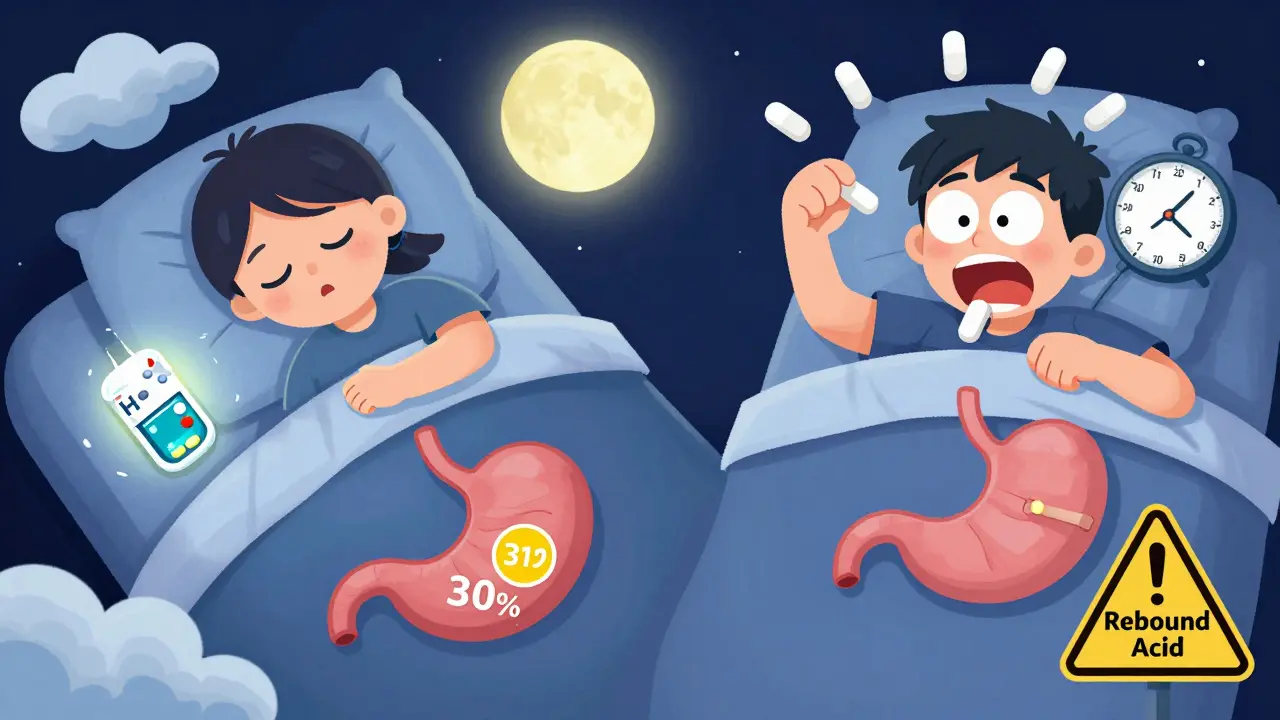 Person sleeping peacefully with H2 blocker pill nearby, stomach acid dial turned down, contrasting with someone overusing antacids.