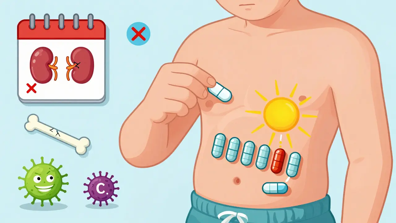 Person taking PPI before breakfast as proton pumps shut down, with warning icons for kidney, bone, and infection floating nearby.