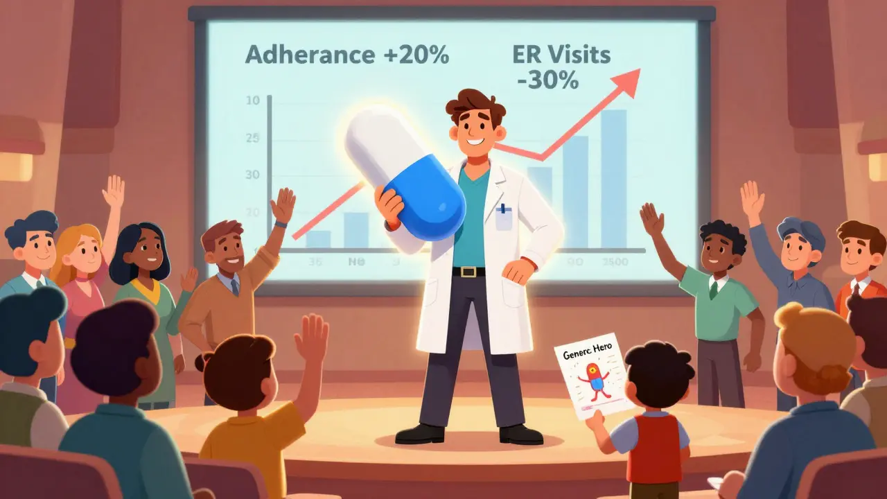 Pharmacist as a superhero holding a generic pill trophy, surrounded by employees and health outcome graphs in a workplace setting.