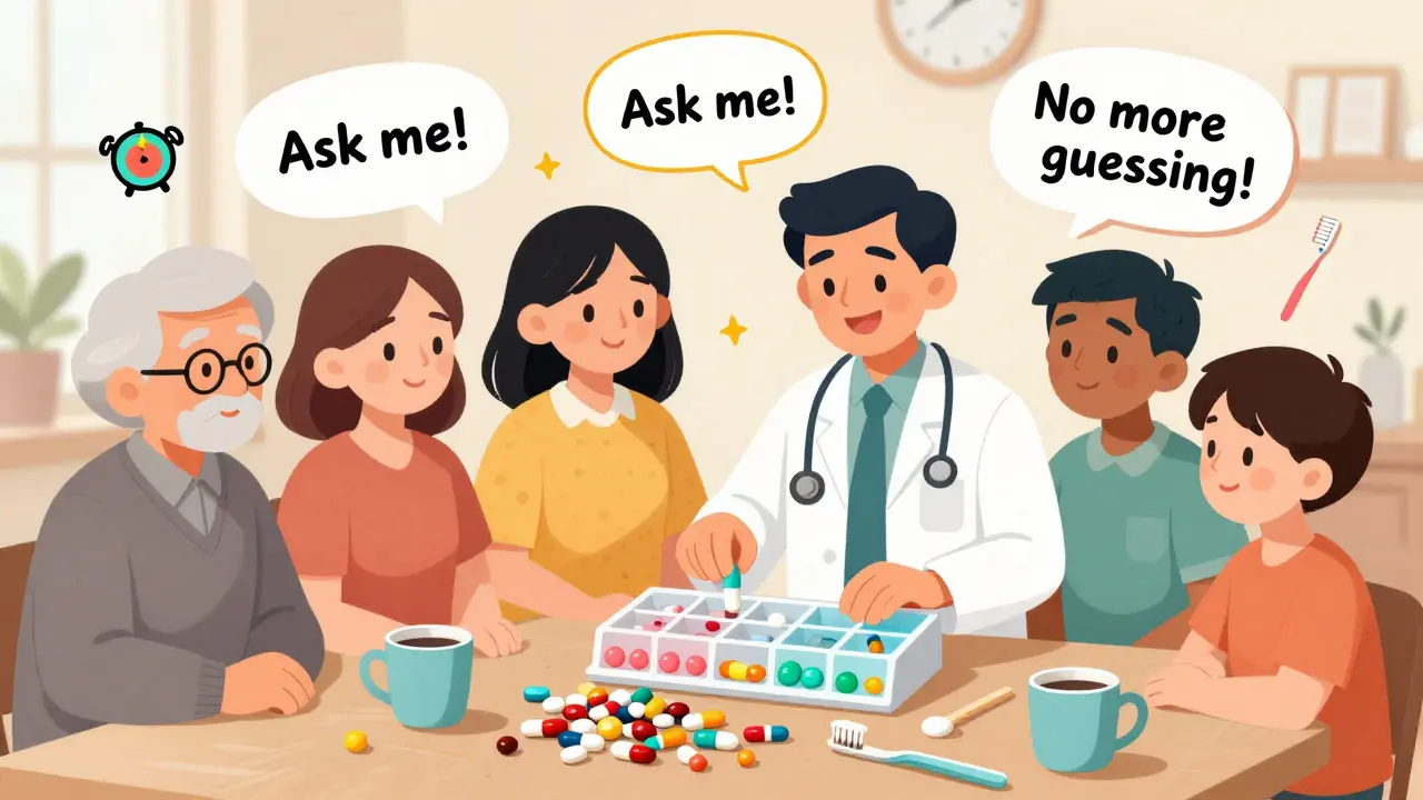 Pharmacist organizing pills for patients, with habit-based tools like alarms and coffee mugs nearby.