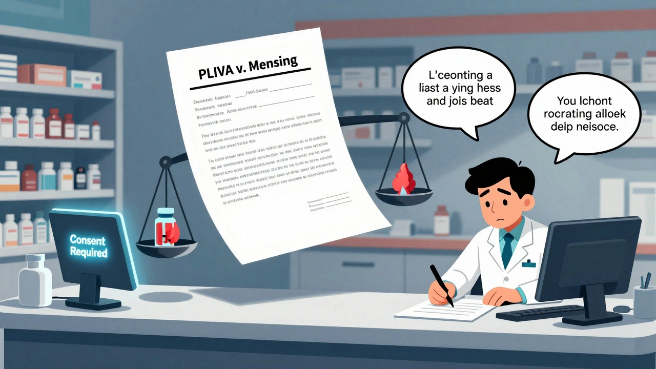 Pharmacist signing consent form under legal shadow, with generic drugs and patient health warnings floating around.