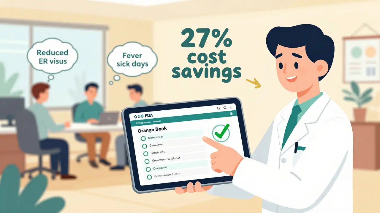 Pharmacist using a tablet to show FDA equivalence data, with office employees benefiting from lower costs and better health.