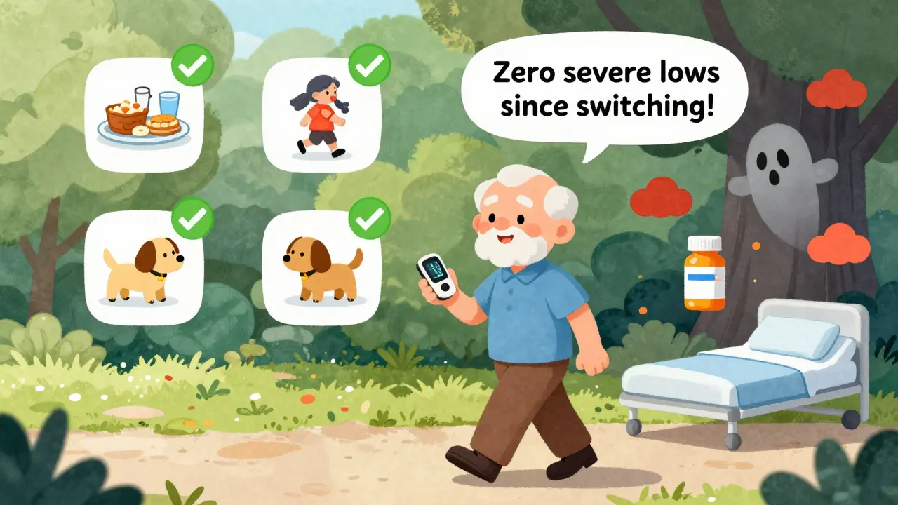 Senior walking in park with glipizide bottle, safe daily activities around them, shadowy glyburide threat in corner.