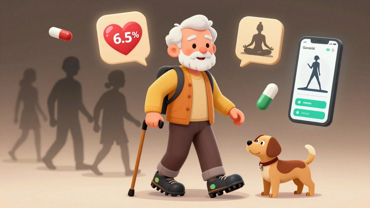 Senior walking with orthotic shoes and supportive icons, leaving behind harmful treatments.