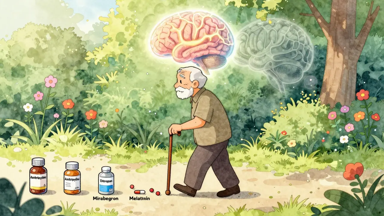 Senior walks with glowing brain showing healthy vs. shrinking neural pathways.