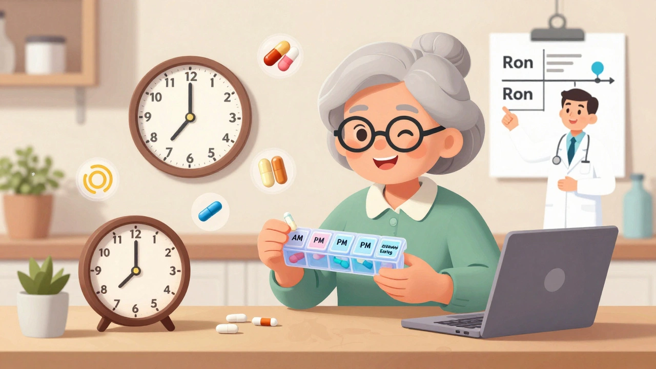 Senior woman using a labeled pill organizer with clocks showing timed medication schedule.
