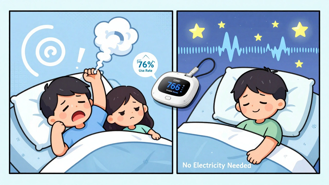Side-by-side cartoon comparison of snoring vs. peaceful sleep with oral appliance.