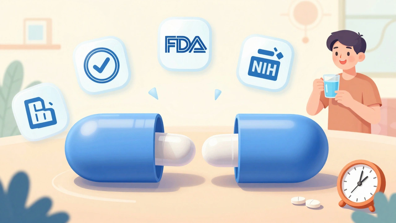 Smart pill self-splitting with slow-release coating and FDA/NIH icons nearby