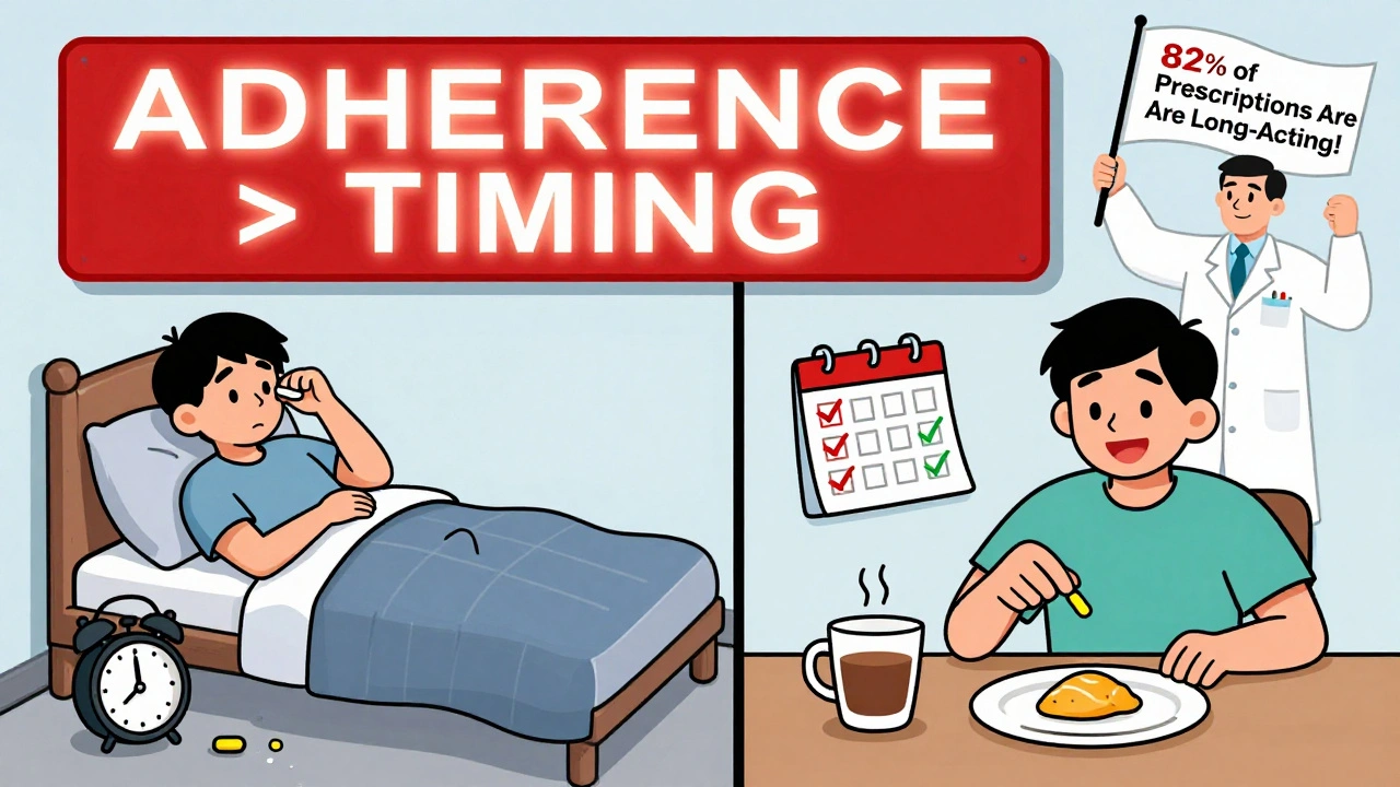 Split cartoon: one person forgets night pill, another takes it at breakfast with checkmarks.