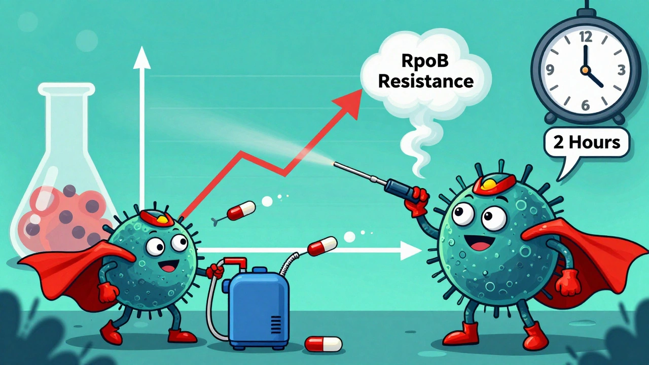 TB bacteria using pumps to expel rifampin pills in a lab setting