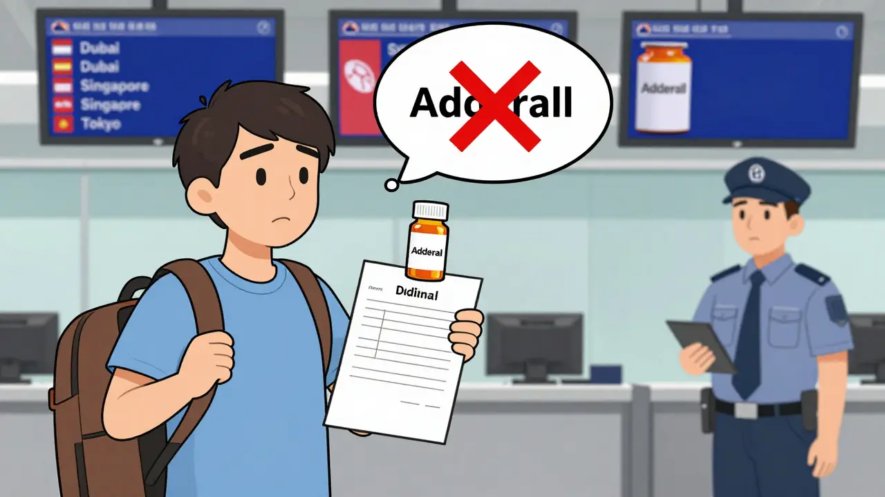 Traveler at airport security presenting prescription bottles and doctor’s letter while transit country bans appear in thought bubbles.