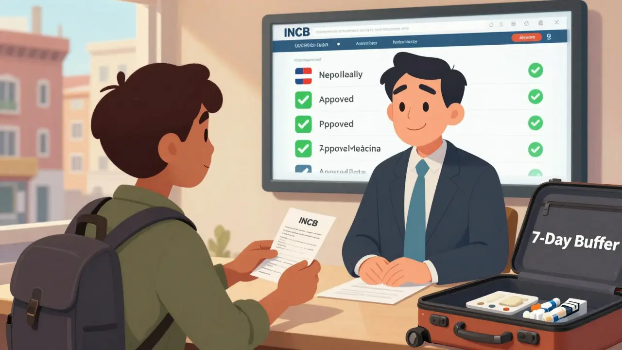 Traveler speaking with embassy official about confiscated meds, INCB website visible on screen, 7-day buffer suitcase open nearby.