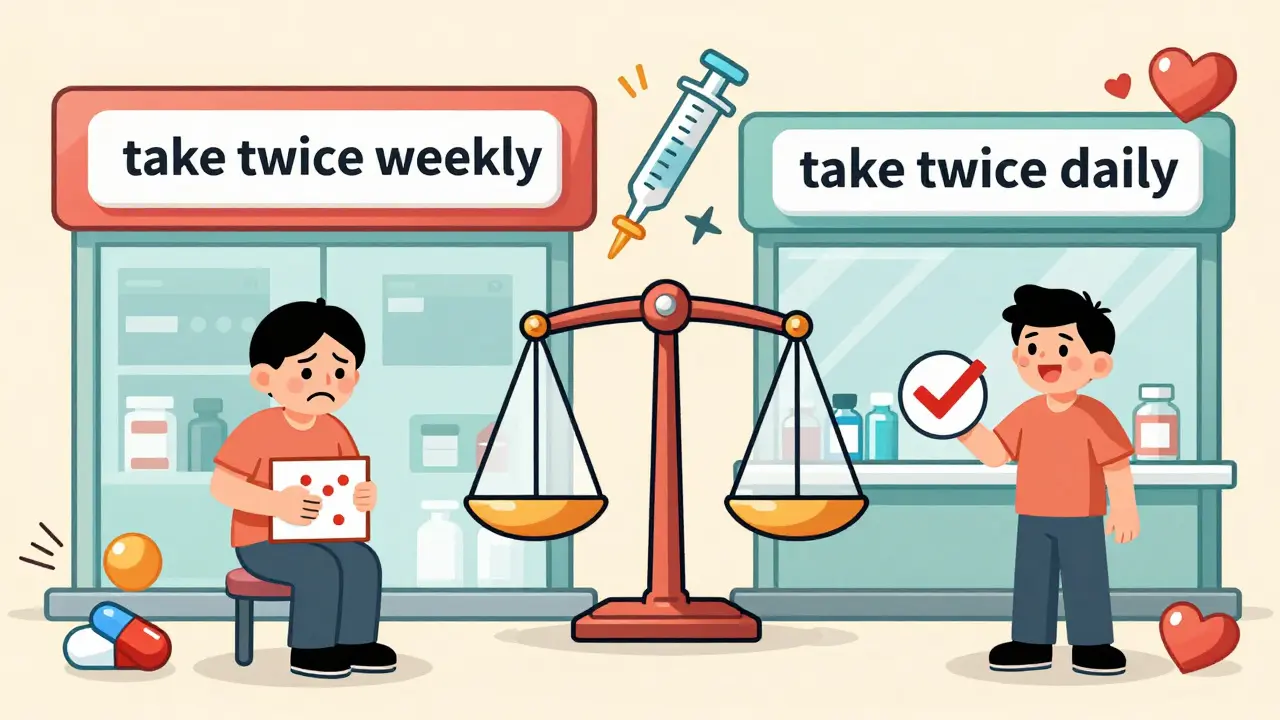 Two pharmacies with conflicting prescription instructions, one leading to illness, the other to health.