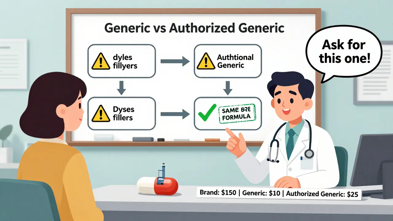 A doctor and patient looking at a flowchart comparing generics, with a pill showing a factory inside and price tags showing cost differences.