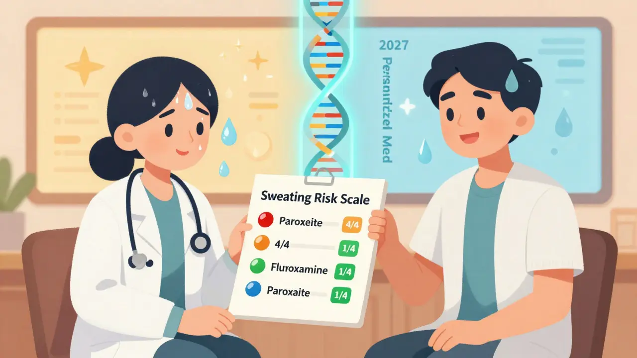 A doctor and patient review a sweating risk chart, with contrasting images of distress and relief behind them.