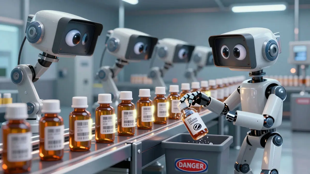 AI camera on factory line spotting a fake pill bottle among real ones.