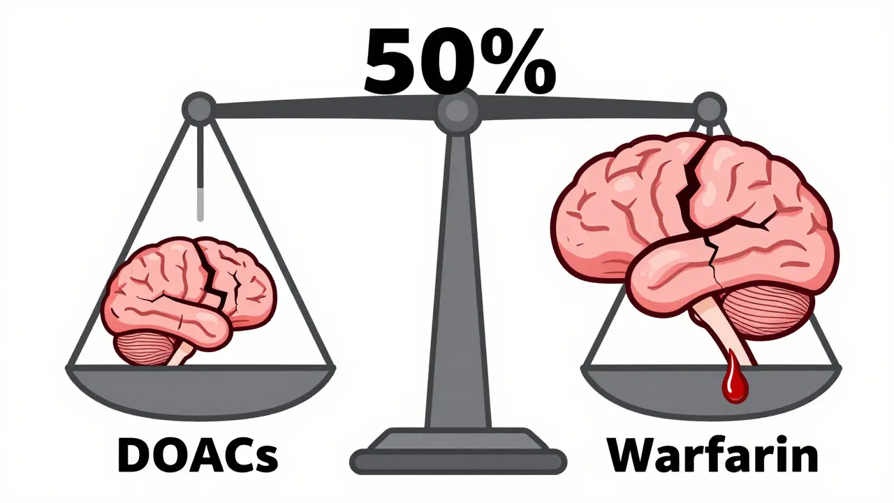 Cartoon balance scale showing lower bleeding risk with DOACs versus warfarin