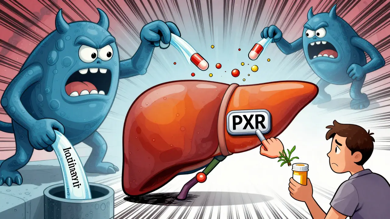 Cartoon liver with a switch being flipped, enzymes flushing out medication capsules.