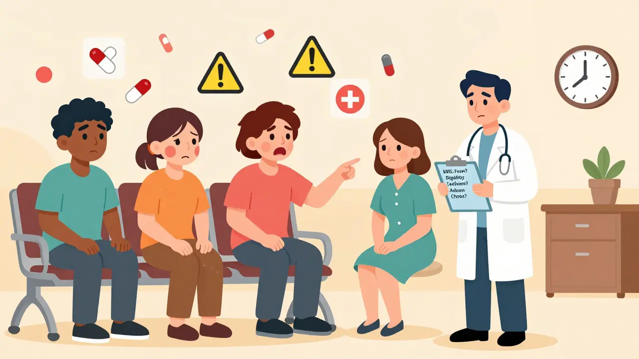 Cartoon of patients and doctors in a clinic, one pointing out signs of NMS with warning icons nearby.