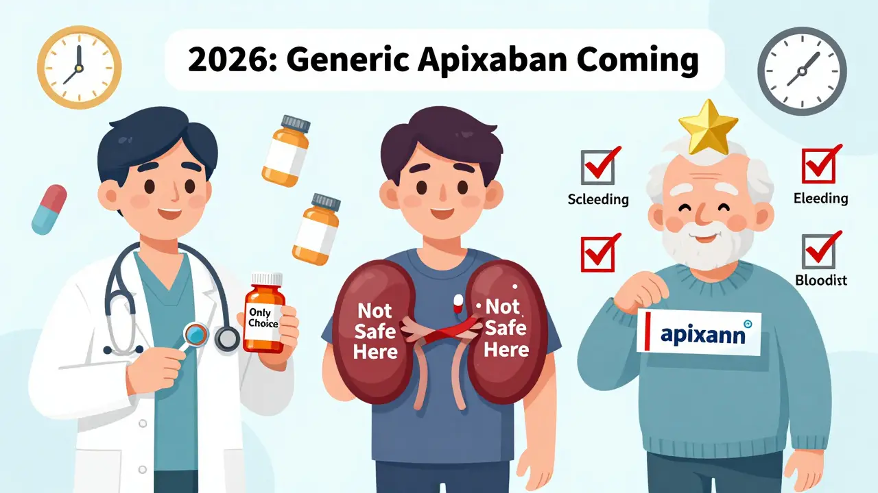 Cartoon showing three patients with different anticoagulant needs and apixaban as top choice