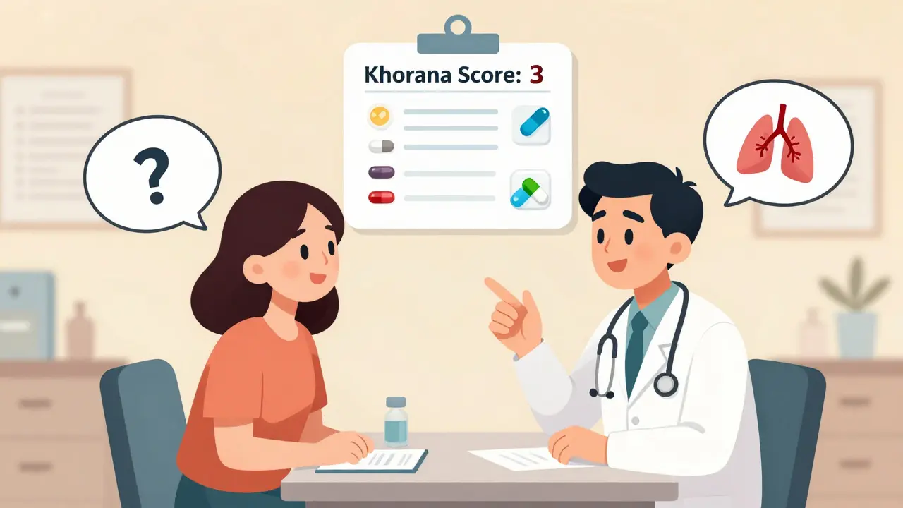 Doctor and patient reviewing a medical risk score with drug icons around them.