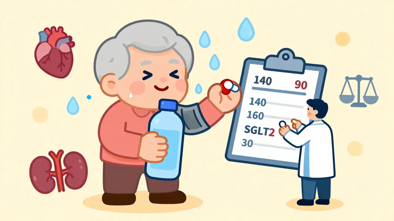 Elderly person hydrating while miniature doctors debate blood pressure drop from medication.