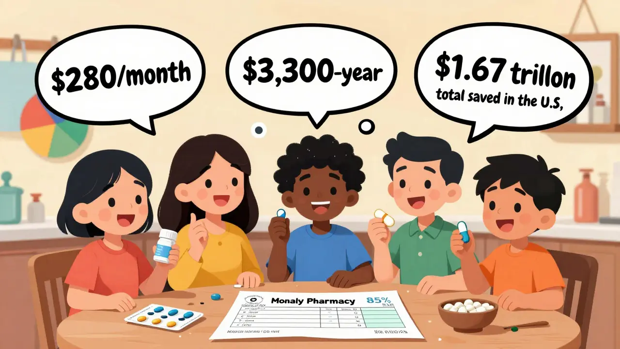 Family smiling at a reduced pharmacy bill with floating savings icons and generic pills nearby.