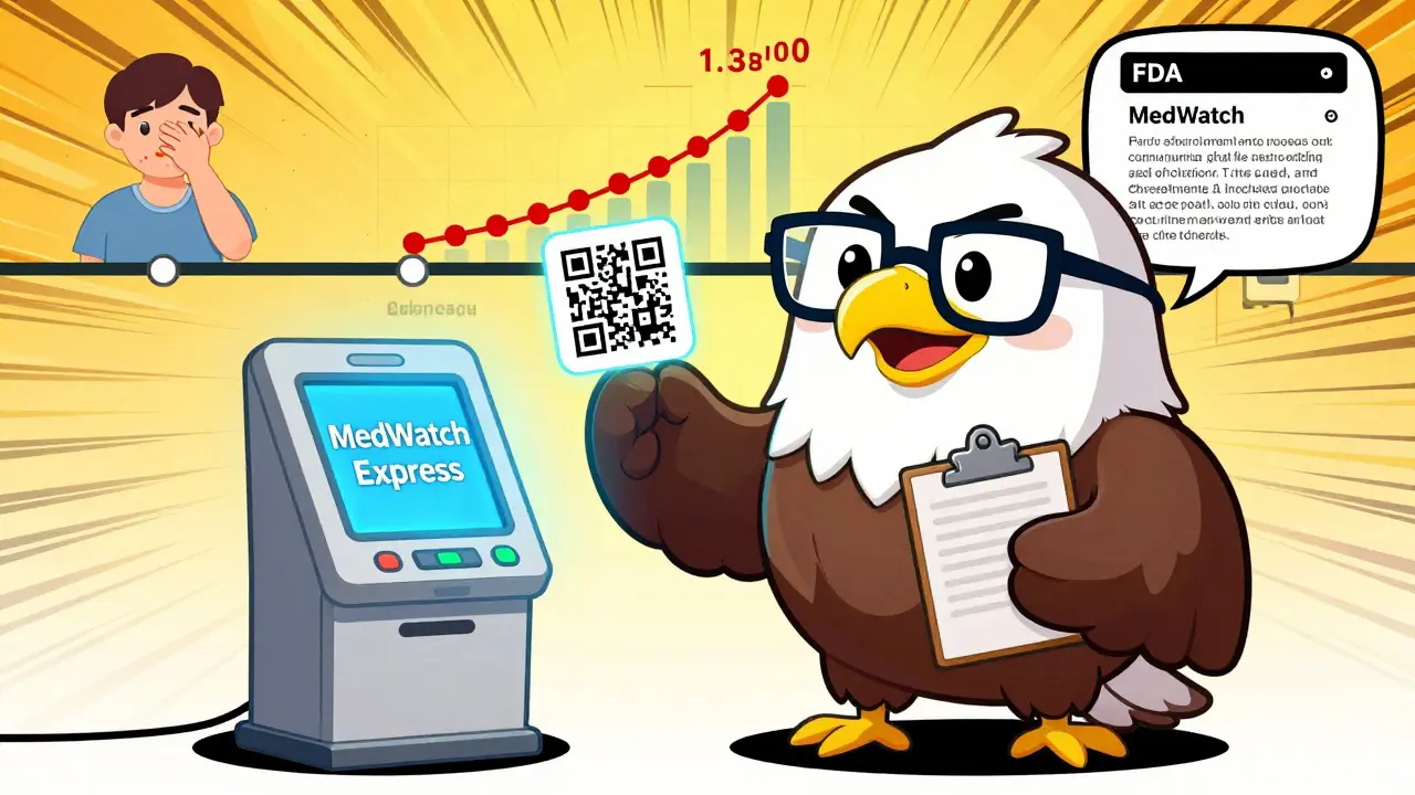 FDA mascot beside a MedWatch kiosk with QR code, showing a rising graph and updated drug warning label.