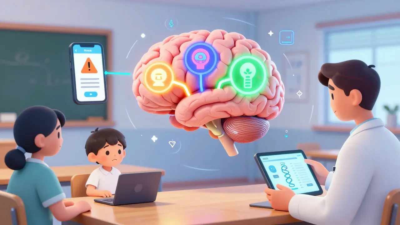 Futuristic brain with three biotypes, app predicting panic attacks, and child with selective mutism