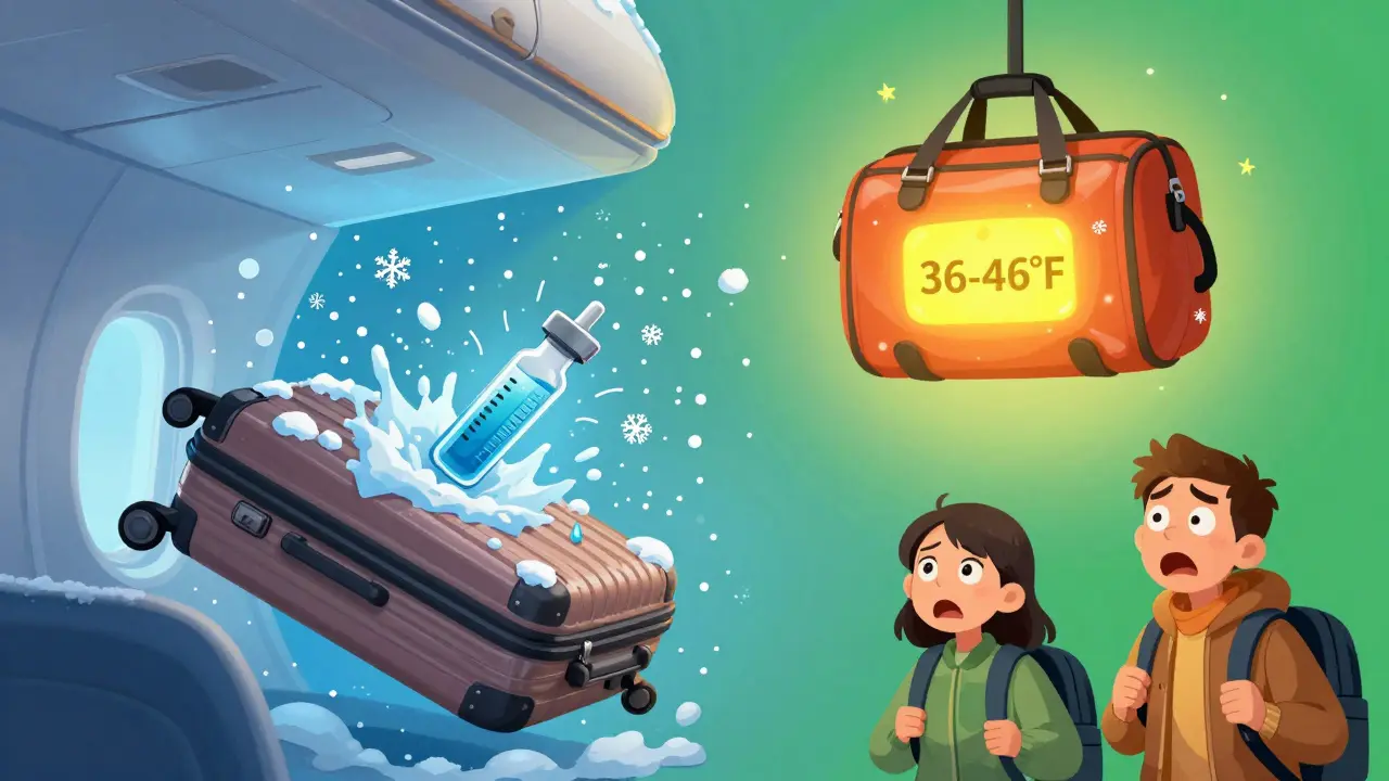 Insulin vial freezing in checked luggage while a safe cooler glows warmly in carry-on bag.