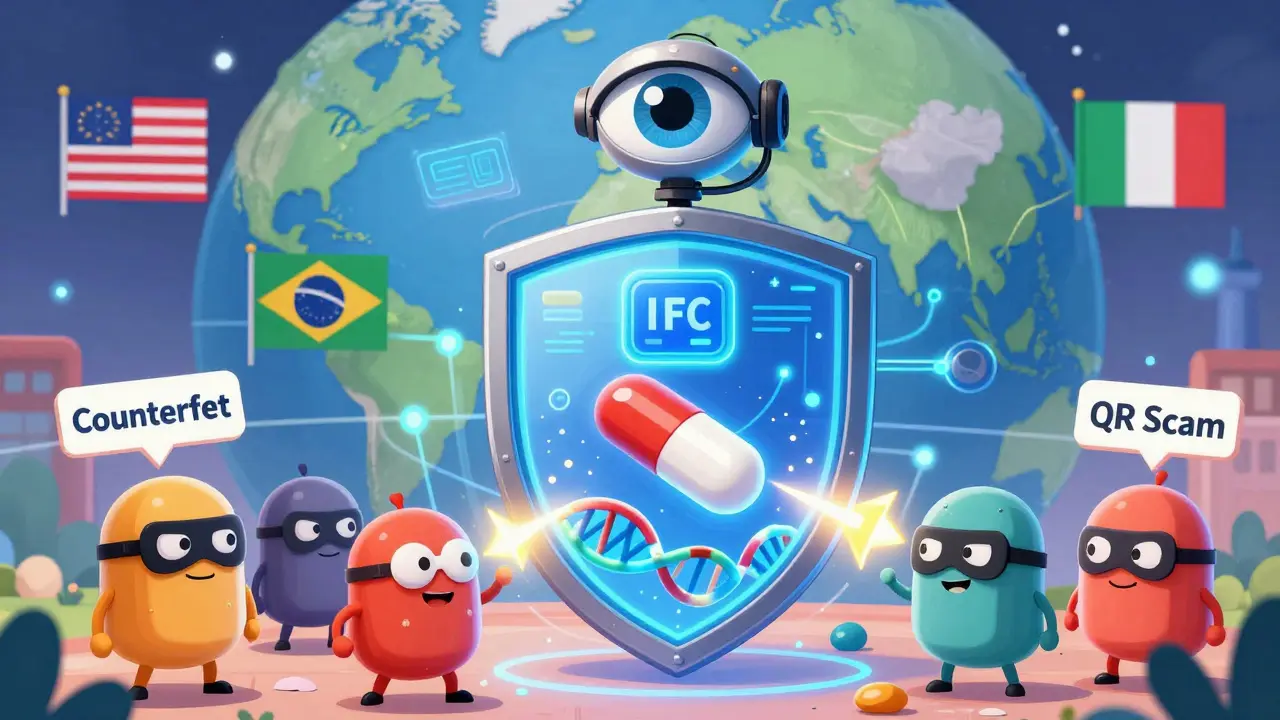 Layered security shield protecting a pill from counterfeit villains.