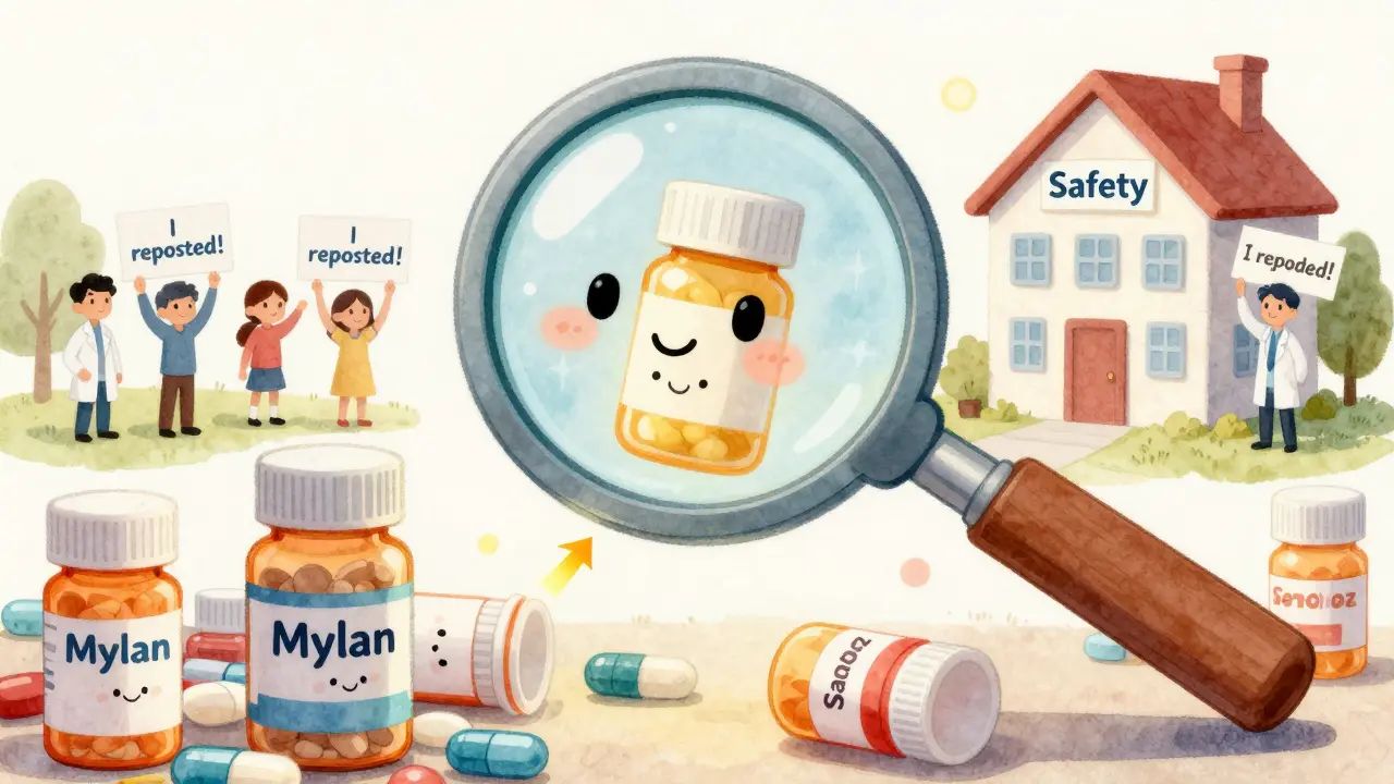 Magnifying glass highlights generic pill bottles with manufacturer names, report arrows flying to FDA building.