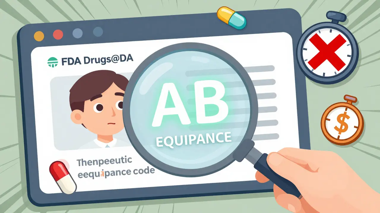 Magnifying glass revealing FDA's 'AB' code for generic drug equivalence